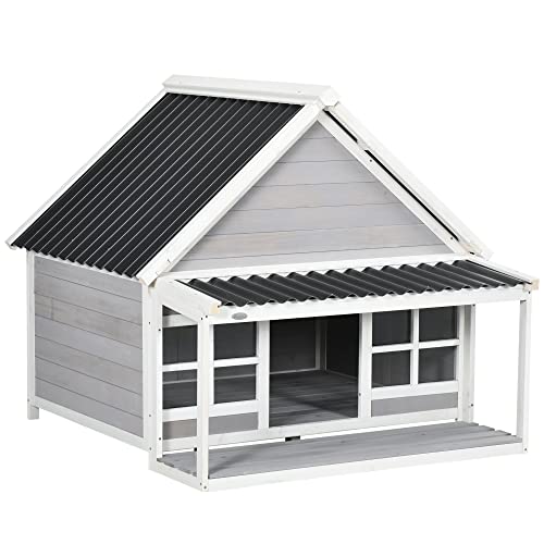 PawHut Hundehaus, Hundehütte mit Vordach, Hundehöhle für Mittele, Große Hunde, Outdoor Hütte, Kleintierhaus mit Fenster, Tannenholz, 126 x 118 x 105 cm von PawHut