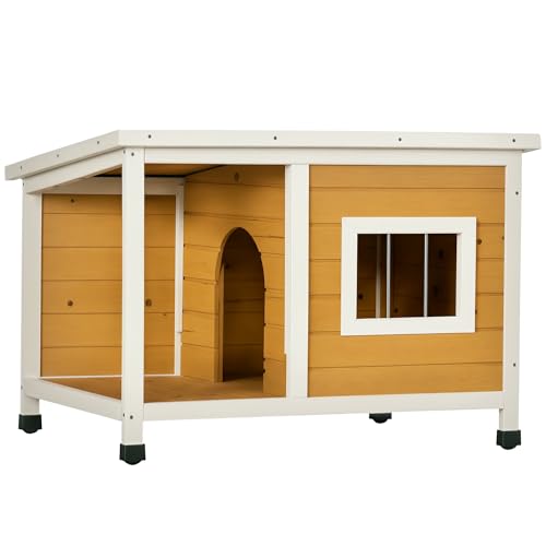 PawHut Hundehütte, Tannenholz, Hundehaus mit Terrasse und aufklappbarem Asphaltdach, Hütte für kleine Hunde, Indoor, Outdoor, wetterfest, Orange, 85,5 x 62 x 60 cm von PawHut