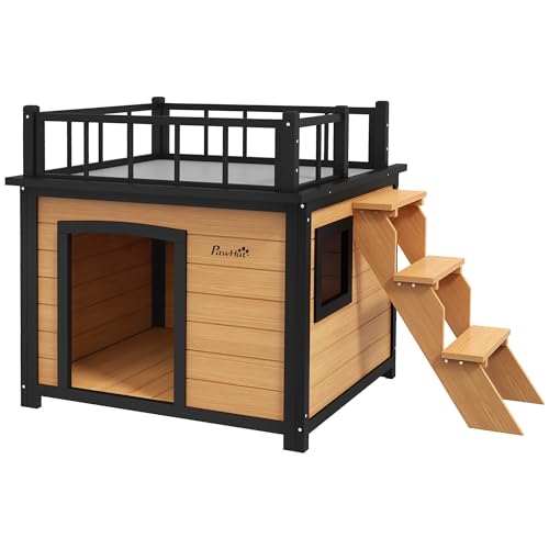 PawHut Hundehütte Hundehaus mit Balkon, Erhöhtes Kleintierhaus mit Treppe, Fenster, Hundehöhle für Kleine, Mittele Hunde, Tannenholz, Gelb, 121 x 77 x 78 cm von PawHut