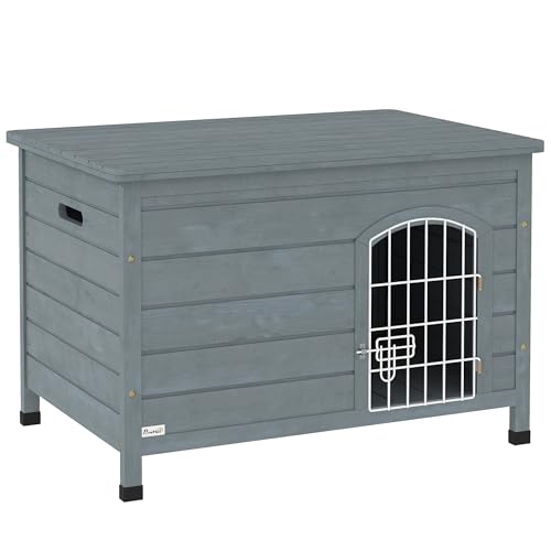 PawHut Hundehütte Hundehaus mit Tür Hundebox Gitterbox TransportKäfig für Katzen Hasen Outdoor wasserdicht Dunkelgrau Tanne 80 x 55 x 53,5 cm von PawHut