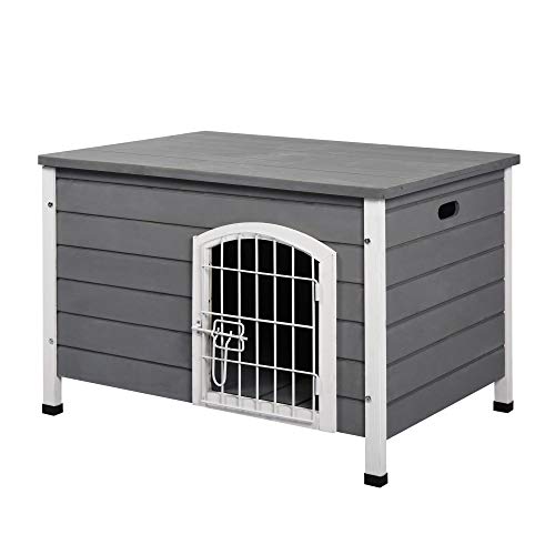 PawHut Hundehütte Hundehaus mit Tür Hundebox Gitterbox TransportKäfig für Katzen Hasen Outdoor wasserdicht Grau Tanne 80 x 55 x 53,5 cm von PawHut