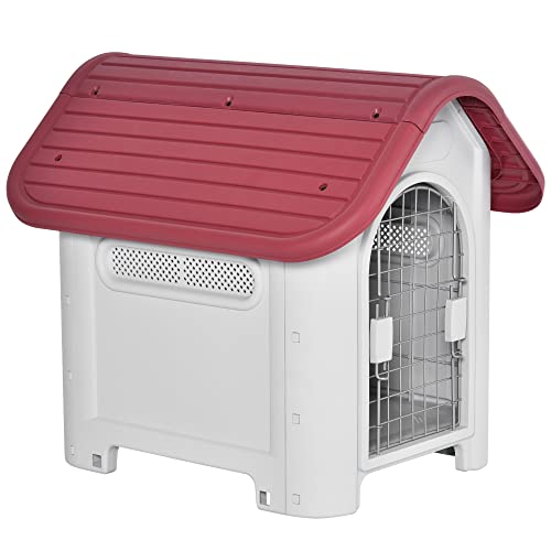 PawHut Hundehütte Outdoor Hundehaus mit Dachluke Tor Unterschlupf für kleine Hunde Kleintierstall Luftzirkulation wasserdicht Metall PP Rot+Hellgrau 59 x 75 x 66 cm von PawHut