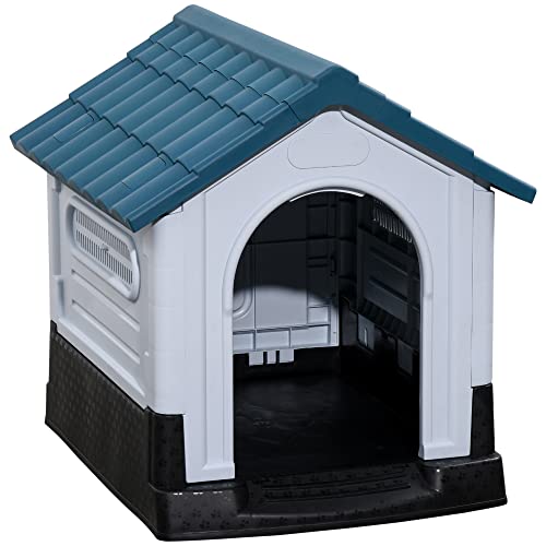 PawHut Hundehaus Hundehütte Zwinger Welpenhaus draußen für kleine und mittelgroße Hunde – 64,5 x 57 x 66 cm – Weiß und Blau von PawHut