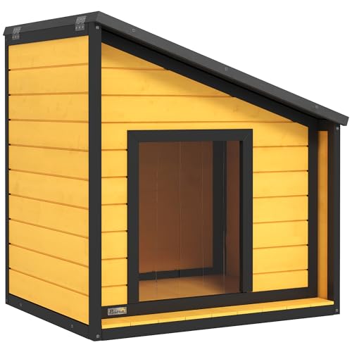 PawHut Hundehütte aus Holz, Hundehaus mit zu öffnendem Asphaltdach und Türvorhang, Outdoor Hundehaus, Kleintierhaus für kleine Hunde, draußen, Wetterbeständig, Gelb, 71 x 58 x 53/77 cm PawHut Hundehütte aus Holz, Hundehaus mit zu öffnendem Asphaltdach und Türvorhang, Outdoor Hundehaus, Kleintierhaus für kleine Hunde, draußen, Wetterbeständig, Gelb, 71 x 58 x 53/77 cm von PawHut