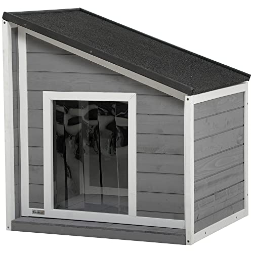 PawHut Hundehütte aus Holz, Hundehaus mit zu öffnendem Asphaltdach und Türvorhang, Outdoor Hundehaus, Kleintierhaus für kleine Hunde, draußen, Wetterbeständig, Grau, 71 x 58 x 53/77 cm von PawHut