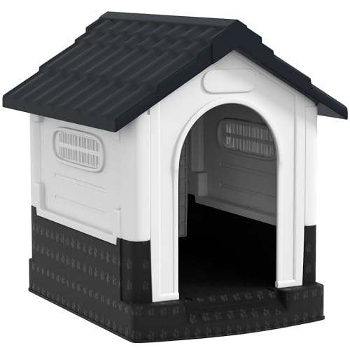 PawHut Hundehütte für draußen, Hundehaus aus Kunststoff, wasserfeste Unterbringung für Haustiere mit Fenstern, für Garten und Terrasse, Miniaturhunde, 64,5 x 57 x 66 cm - Grau von PawHut