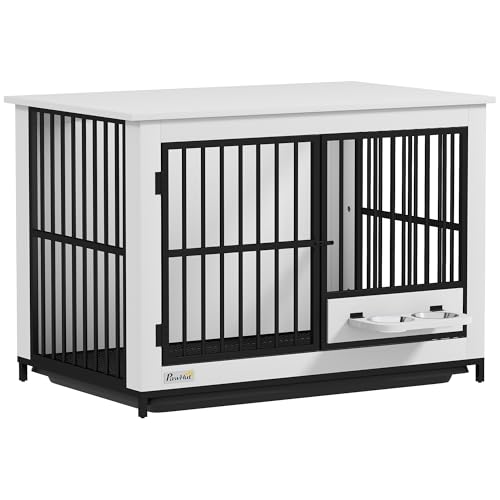 PawHut Hundekäfig Hundebox für Zuhause Abschließbare Hundehütte Indoor mit drehbaren Näpfen, herausnehmbarer Schale für kleine/mittlere/große Hunde Weiß 95 x 60 x 68,5 cm von PawHut