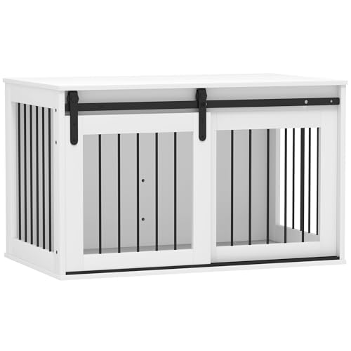 PawHut Hundekäfig Möbel mit Abschließbar Schiebetüren Moderne Metall Hundebox für Zuhause Indoor Hundehütte für große Hunde bis zu 30 kg Beistelltisch Hundehaus 98 x 58 x 61 cm Weiß von PawHut