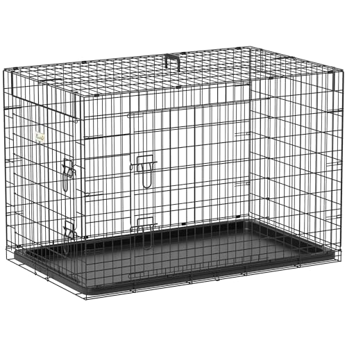 PawHut Hundekäfig Transportkäfig Drahtkäfig Hundebox Transportbox Reisebox mit 2 Türen Schwarz 91x61x67 cm von PawHut
