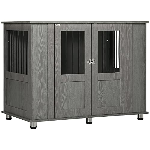 PawHut Hundekäfig für Zuhause, Haustierkäfig, Hundehütte Indoor mit Schloss, Magnettür, Hundehaus mit Fenster, Hundebox für extra große Hunde, Grau, 116 x 60 x 87 cm von PawHut