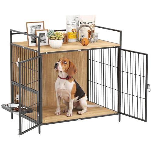 PawHut Hundekiste Moderner Beistelltisch Haustierhaus mit drehbarem Ständer mit 2 Näpfen 2 Türen und oberem Ablagefach für mittelgroße Hunde 80x56x76,5 cm Eiche von PawHut