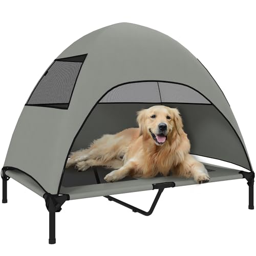 PawHut Hundeliege Outdoor mit Dach, Erhöhtes Hundebett für Große Hunde, Kühlendes Haustierliege mit Waschbares Mesh Metallrahmen Tragtasche, Haustierbett für Draußen Camping 106x76x99cm, Hellgrau von PawHut