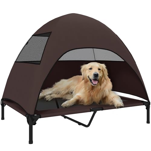 PawHut Hundeliege Outdoor mit Dach, Erhöhtes Hundebett für Große Hunde, Kühlendes Haustierliege mit Waschbares Mesh Metallrahmen Tragtasche, Haustierbett für Draußen Camping 106x76x99cm, Kaffee von PawHut