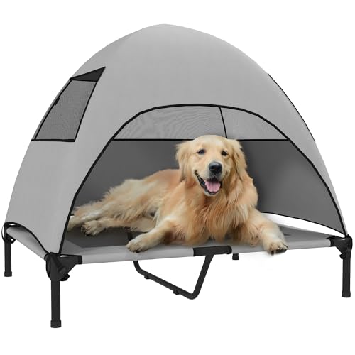 PawHut Hundeliege Outdoor mit Dach, Erhöhtes Hundebett für Große Hunde, Kühlendes Haustierliege mit Waschbares Mesh Metallrahmen Tragtasche, Haustierbett für Draußen Camping 91x76x90cm, Hellgrau von PawHut