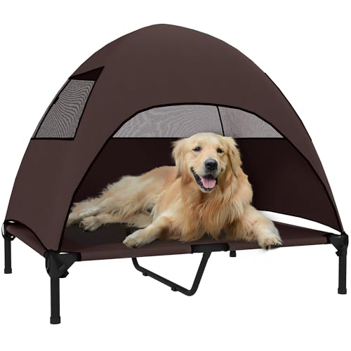 PawHut Hundeliege Outdoor mit Dach, Erhöhtes Hundebett für Große Hunde, Kühlendes Haustierliege mit Waschbares Mesh Metallrahmen Tragtasche, Haustierbett für Draußen Camping 91x76x90cm, Kaffee von PawHut