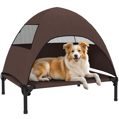 PawHut Hundeliege Outdoor mit Dach, Erhöhtes Hundebett für Mittelgroße Hunde, Kühlendes Haustierliege mit Waschbares Mesh Metallrahmen Tragtasche, Haustierbett für Draußen Camping 76x61x71cm, Kaffee von PawHut