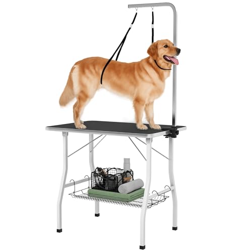 PawHut Hundepflegetisch, Trimmtisch für Hunde, klappbar Schertisch, Haustierpflegetisch mit Netzkorb, Schlingen, für Haartrocken, Haarschneiden, bis 40kg belastbar Schwarz+Weiß von PawHut