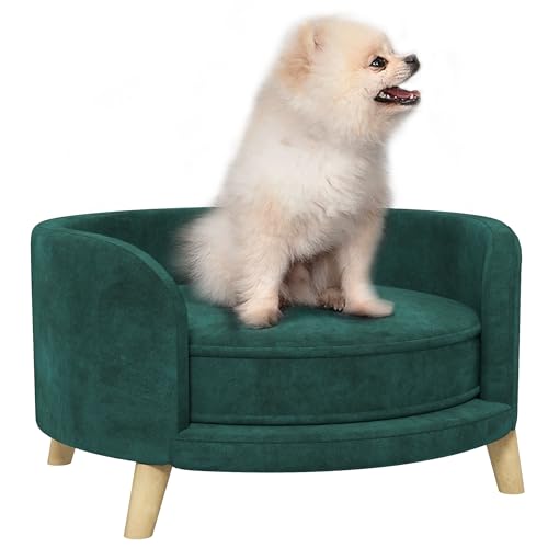 PawHut Hundesofa, Haustiersofa mit Samtoptik, Katzensofa mit Kissen, Hundebett, Hundecouch mit Erhöhtem Design, Hundesessel mit Holzbeine, Grün, 68 x 68 x 35 cm von PawHut