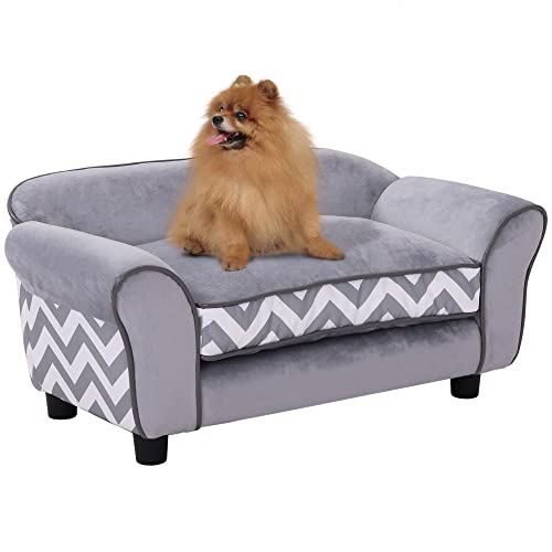 PawHut Hundesofa, Haustiersofa mit erhöhten Füßen, Hundecouch, Hundeliege mit Kissen, Hundebett, Katzensofa, Waschbar, Samt, Grau, 73,5 x 41 x 33 cm von PawHut