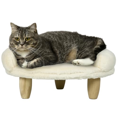 PawHut Hundesofa, Hundebett, Haustiersofa mit Erhöhtem Design, Hundecouch, Katzensofa, Hundesessel mit Holzbeine, Flanelle, Creme, 47 x 40 x 20 cm von PawHut