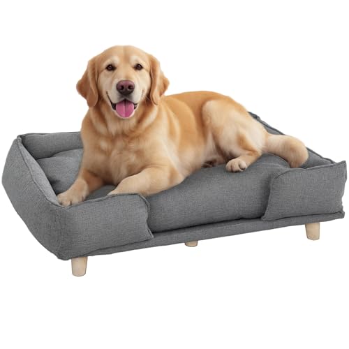 PawHut Hundesofa Hundecouch mit Rückenlehne, Holzbeine Hundebett mit Polyester Haustiersofa Katzensofa für große Hunde bis zu 30 kg und 60 cm Schulterhöhe, 96 x 66 x 24 cm Dunkelgrau von PawHut