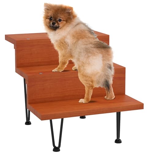 PawHut Hundetreppe, 3 Stufige Katzentreppe aus Holz, Haustiertreppe, Haustierleiter mit Stahlbeine, Hundeleiter, für kleine Hunde bis 10 kg, Walnuss von PawHut