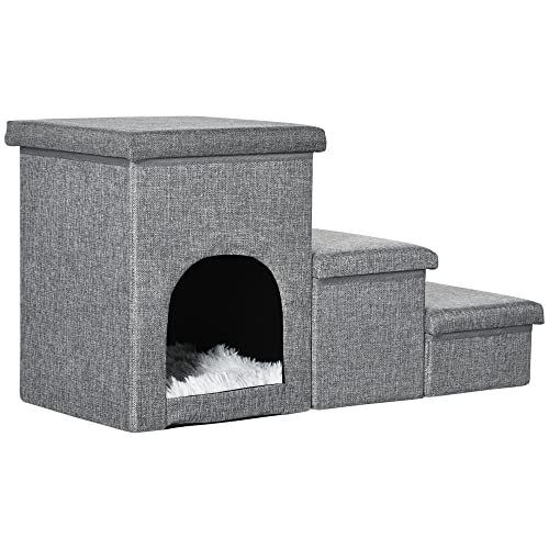 PawHut Hundetreppe 3 Stufen 40,5 cm Hoch Haustiertreppe mit Höhle Kissen Stauraum Katzentreppe für Kleine Hunde Hunderampe mit Waschbar Bezug Einstiegshilfe für Bett, Sofa, Couch und Auto Hellgrau von PawHut