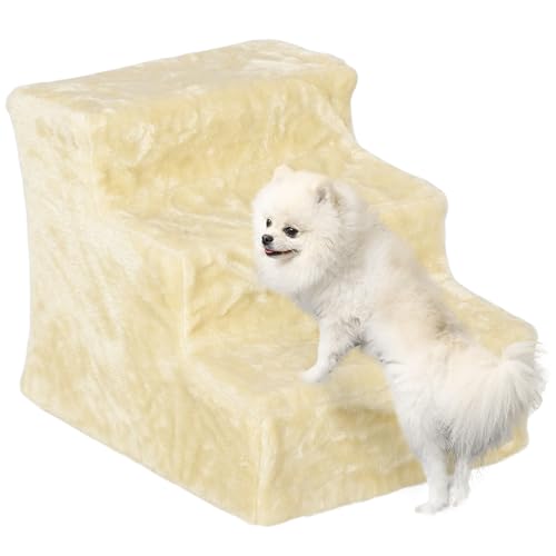 PawHut Hundetreppe 3 Stufen 35 cm Hoch Haustiertreppe für kleine Hunde oder Katzen, Katzentreppe Hunderampe mit Waschbar Plüschbezug für Bett, Sofa, Couch, Beige von PawHut