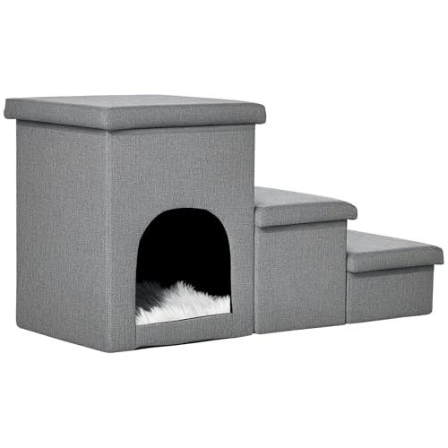PawHut Hundetreppe für das Bett, 3-stufige Haustiertreppe mit Kätzchenhaus und 2 Aufbewahrungsboxen, 3-in-1-Hunderampe für Sofa mit waschbarem Plüschkissen, hellgrau PawHut Hundetreppe für das Bett, 3-stufige Haustiertreppe mit Kätzchenhaus und 2 Aufbewahrungsboxen, 3-in-1-Hunderampe für Sofa mit waschbarem Plüschkissen, hellgrau von PawHut