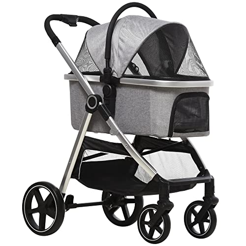 PawHut Hundewagen, 2 in 1 Hundebuggy, Autositz, Transporttasche, Katzenbuggy mit Kissen bis 15 kg, Faltbarer Katzenwagen für kleine Hunde mit Bremsen, Netzfenster, Sicherheitsleinen, Hellgrau von PawHut