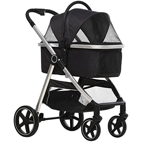 PawHut Hundewagen, 2 in 1 Hundebuggy, Autositz, Transporttasche, Katzenbuggy mit Kissen bis 15 kg, Faltbarer Katzenwagen für kleine Hunde mit Bremsen, Netzfenster, Sicherheitsleinen, Schwarz von PawHut