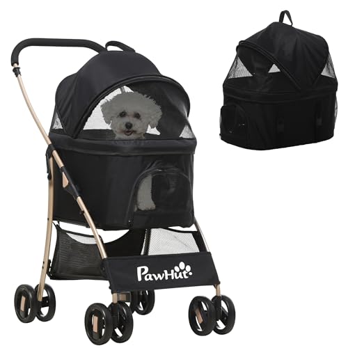 PawHut Hundewagen, 2 in 1 Hundetrolley, Tragetasche, Faltbarer Hundebuggy mit Kissen, Katzenwagen für kleine Hunde, Katzen, Katzenbuggy mit 4 Rädern, Netzfenster, Oxfordstoff, Schwarz von PawHut