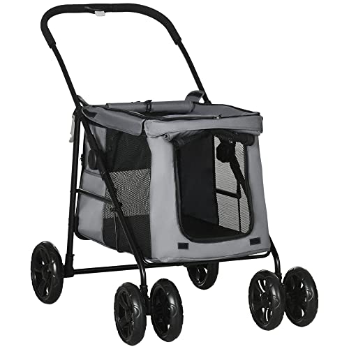 PawHut Hundewagen, Faltbarer Hundebuggy, Hundetrolley mit Kissen, Katzenbuggy bis 20 kg, Katzenwagen für kleine und mittelgroße Hunde mit Seitentaschen, Netzfenster, Oxford-Gewebe, Grau von PawHut