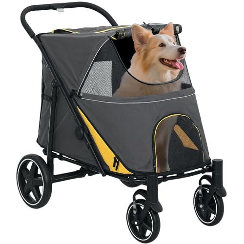 PawHut Hundewagen, Hundebuggy mit Kissen, Faltbarer Hundetrolley, Katzenbuggy für große und mittelgroße Hunde, Hundetrolley mit Netzfenster, Sicherheitsleinen, Tasche, Oxfordstoff, Dunkelgrau von PawHut