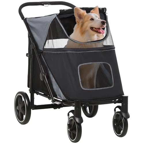 PawHut Hundewagen, Hundebuggy mit Kissen, Faltbarer Hundetrolley, Katzenbuggy für große und mittelgroße Hunde, Hundetrolley mit Netzfenster, Sicherheitsleinen, Tasche, Oxfordstoff, Grau von PawHut