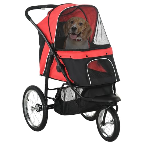 PawHut Hundewagen Hundebuggy klappbar für Hunde & Katzen bis 20 kg Katzenbuggy mit geländegängige Gummiräder Kissen Netzfenstern Türen Katzenwagen mit Aufbewahrungskorb Buggy Rot von PawHut