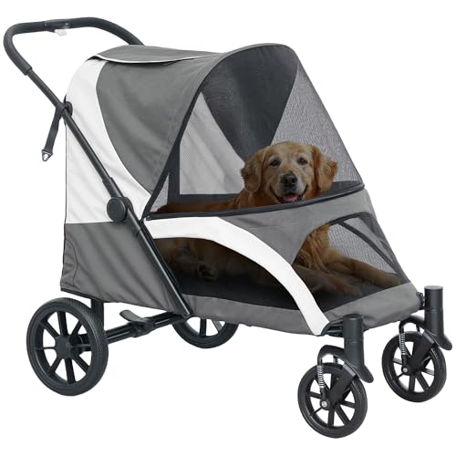 PawHut Hundewagen Hundebuggy klappbar für große Hunde & Katzen bis 30 kg Katzenbuggy mit Kissen Netzfenstern Türen Aufbewahrungstasche Katzenwagen mit Sicherheitsleinen, Bremsen, Buggy Dunkelgrau von PawHut