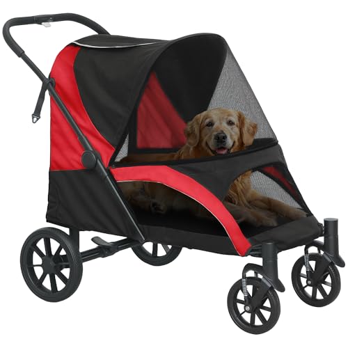 PawHut Hundewagen Hundebuggy klappbar für große Hunde & Katzen bis 30 kg Katzenbuggy mit Kissen Netzfenstern Türen Aufbewahrungstasche Katzenwagen mit Sicherheitsleinen, Bremsen, Buggy Schwarz von PawHut