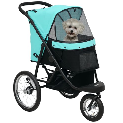 PawHut Hundewagen Jogger Hundebuggy klappbar für kleine Hunde & Katzen bis 10 kg Katzenbuggy mit 3 große Gummiräder, Kissen Netzfenstern Aufbewahrungskorb Katzenwagen mit Sicherheitsleinen, Türkis von PawHut