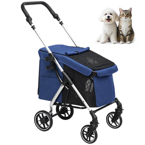 PawHut Hundewagen leicht Hundebuggy aus Aluminium klappbar für Hunde & Katzen Katzenbuggy mit Kissen Netzfenstern Türen Aufbewahrungskorb Katzenwagen Buggy Dunkelblau von PawHut