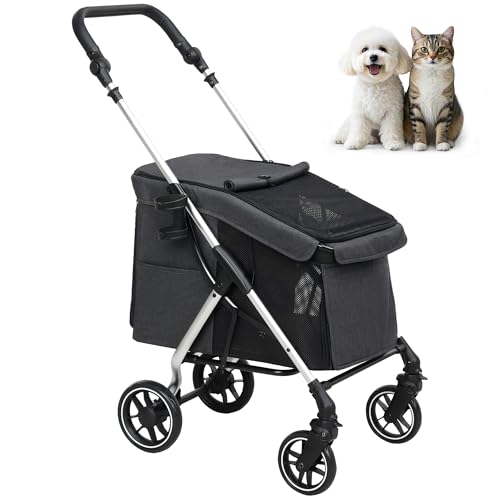 PawHut Hundewagen leicht Hundebuggy aus Aluminium klappbar für Hunde & Katzen Katzenbuggy mit Kissen Netzfenstern Türen Aufbewahrungskorb Katzenwagen Buggy Grau von PawHut