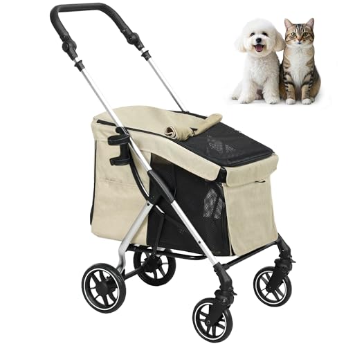 PawHut Hundewagen leicht Hundebuggy aus Aluminium klappbar für Hunde & Katzen Katzenbuggy mit Kissen Netzfenstern Türen Aufbewahrungskorb Katzenwagen Buggy Khaki von PawHut