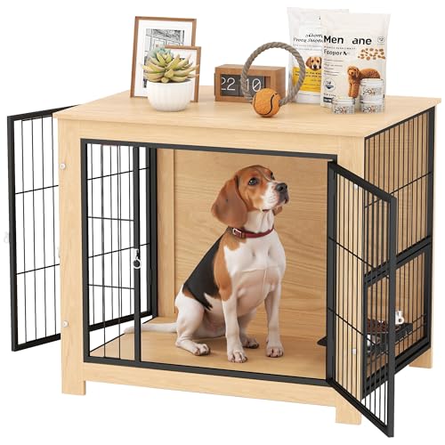 PawHut Hundezwinger Moderner Beistelltisch Haustierhaus mit 2 Türen Schwenkbarer Ständer mit 2 Näpfen und Stahlrahmen für mittlere Hunde 80x60x68 cm Eiche von PawHut