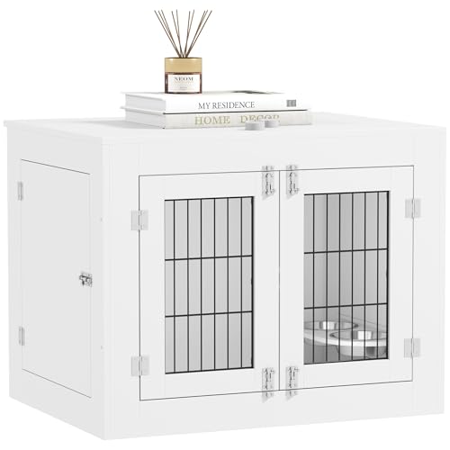 PawHut Indoor Hundebox, Hundebox aus Holz, 2 um 360° drehbare Schüsseln, 2 Türen, Beistelltisch, für mittelgroße Hunde bis 20 kg, 80 x 60 x 63 cm, weiß PawHut Indoor Hundebox, Hundebox aus Holz, 2 um 360° drehbare Schüsseln, 2 Türen, Beistelltisch, für mittelgroße Hunde bis 20 kg, 80 x 60 x 63 cm, weiß von PawHut