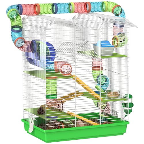 PawHut Käfig für Hamster, Mäuse, kleine Tiere, Nagetiere, mit Tunnel, Futterhaus, Rad, Spielzeug, 47 x 30 x 59 cm, Grün von PawHut