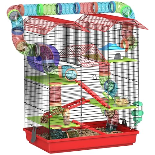 PawHut Käfig für Hamster, Mäuse, kleine Tiere, Nagetiere, mit Tunnel, Futterhaus, Rad, Spielzeug, 47 x 30 x 59 cm, Rot von PawHut