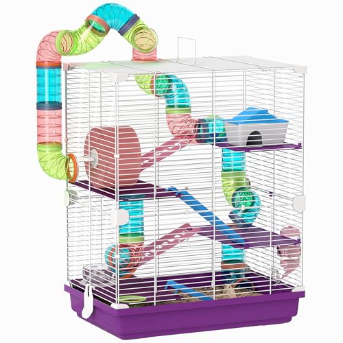 PawHut Käfig für Hamster, Nagetiere, 4 Etagen, mit Tunnel, Futterhaus, Rad, Leitern, Maße: 46 x 30 x 58 cm, Violett von PawHut
