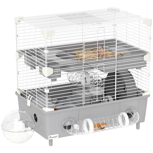 PawHut Käfig für Hamster mit 2 Ebenen und 3 Türen mit Rollen, Katzentoilette und Spielrohre, Käfig für Tiere aus Stahl, PS und PP, 44,5 x 28 x 44 cm, Grau und Weiß PawHut Käfig für Hamster mit 2 Ebenen und 3 Türen mit Rollen, Katzentoilette und Spielrohre, Käfig für Tiere aus Stahl, PS und PP, 44,5 x 28 x 44 cm, Grau und Weiß von PawHut