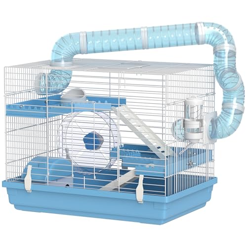 PawHut Käfig für Hamster mit 3 Ebenen mit Haus, Rad, Futternapf, Flasche und Schläuchen, Käfig für kleine Nager und Zwerghamster, 47,5 x 31,5 x 29,5 cm, Hellblau von PawHut