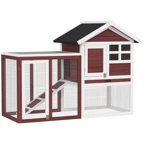 PawHut Käfig für Kaninchen, Meerschweinchen und Nager, Kaninchenstall für den Außenbereich aus Tannenholz mit Häuschen, Tablett und Rampe, 122 x 62,6 x 92 cm, Braun und Weiß von PawHut